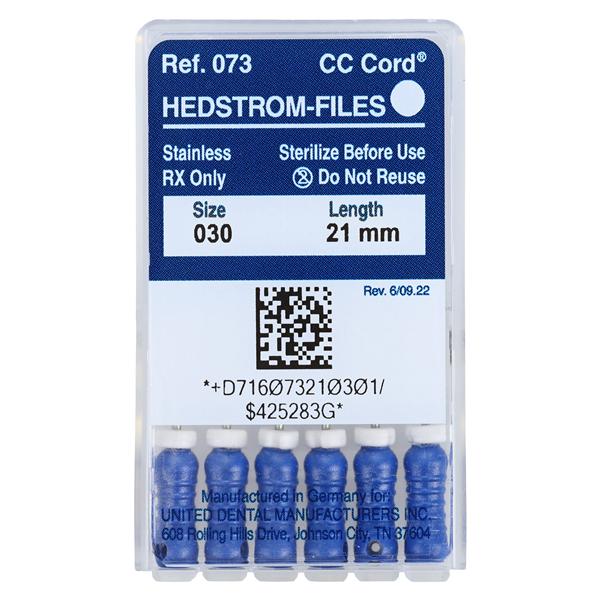 Zipperer Hand Hedstrom Files 21 mm Size 30 Stainless Steel Blue 6/Bx