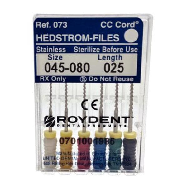 Zipperer Hand Hedstrom Files 25 mm Size 45-80 Stainless Steel Assorted 6/Bx