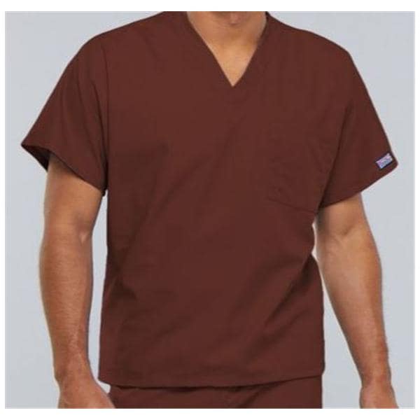 Cherokee Scrub Shirt V-Neck 1 Pocket Short Sleeves 3X Large Chocolate Unisex Ea