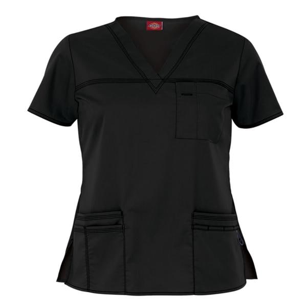 Dickies Scrub Shirt Poly/Ctn/Spndx VNck 4Pckt Short Sleeves Small Blk Womens Ea