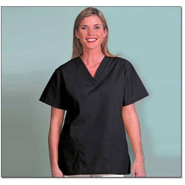 Scrub Shirt Poly/Ctn V-Neck 2 Pockets Set-In Short Sleeves X-Large Blk Womens Ea