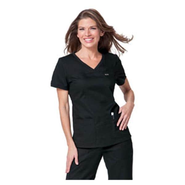 Scrub Shirt Poly/Ctn/Spndx 3 Pkts Rib-Trim Short Sleeves X-Small Blk Womens Ea