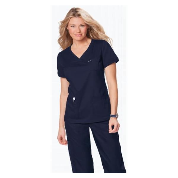 Scrub Shirt Poly/Ctn/Spndx 3 Pockets Rib-Trim Short Sleeves Medium Nvy Womens Ea