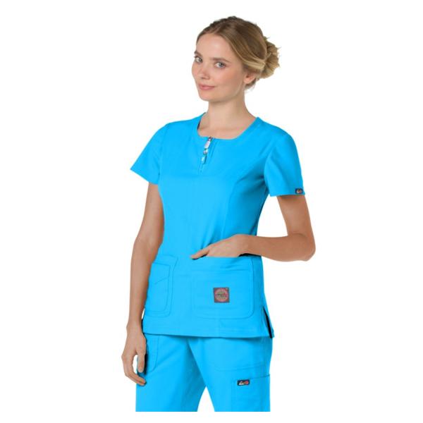 Scrub Top Double Zipper Crew Neck 4 Pockets Short Sleeves Small Blu Womens Ea