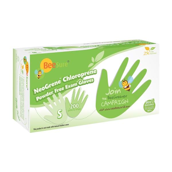 BeeSure NeoGrene Chloroprene Exam Gloves Small Green Non-Sterile, 10 BX/CA