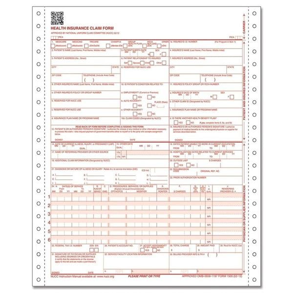 Insurance Claim Forms CMS-1500 2012 1-Part Continuous 8.5"x11" White 1000/Pk