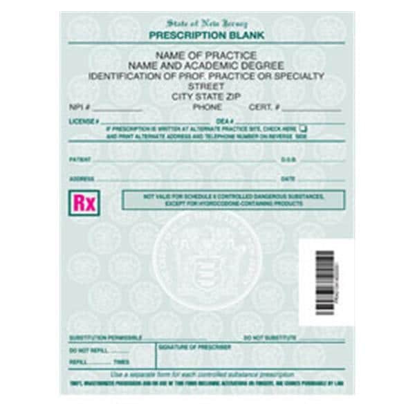Optometrist TPS Certified Prescription Pads New Jersey 1-Part Vertical 8/Bx