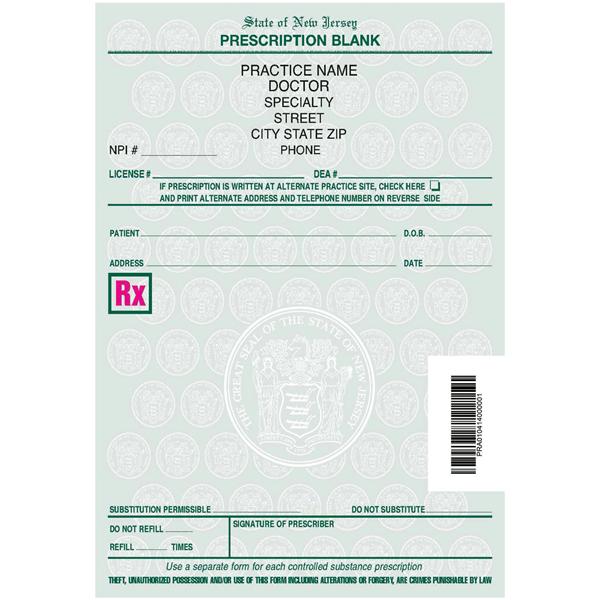 Prescription Pads New Jersey 1-Sided 8/Bx