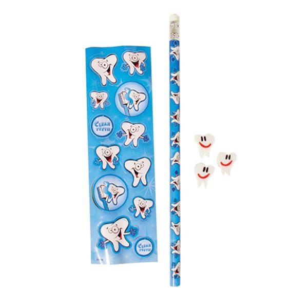 Stationery Set Tooth Blue / White With 1 Pencil, 12 Stickers & 3 Erasers 72/Pk