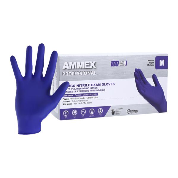 Ammex Nitrile Exam Gloves Medium Indigo Non-Sterile, 10 BX/CA