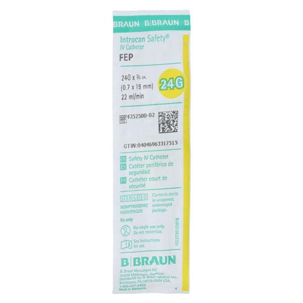 Introcan Safety IV Catheter Safety 24 Gauge 3/4" Yellow Straight Ea, 50 EA/BX