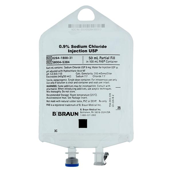 IV Injection Solution Sodium Chloride 0.9% 50mL Partial Additive Bag Ea, 84 EA/CA