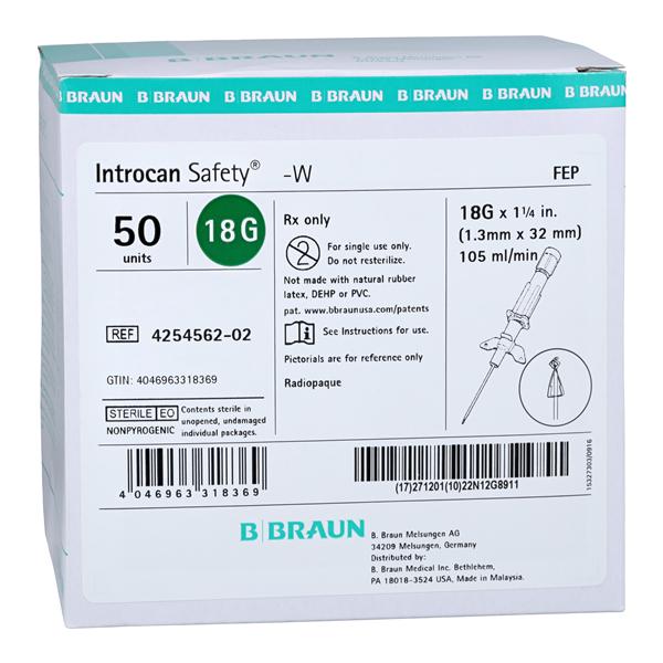 Introcan Safety IV Catheter Safety 18 Gauge 1-1/4" Green 50/Bx, 4 BX/CA