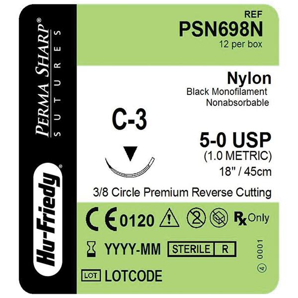 Perma Sharp Suture 5-0 18" Nylon Monofilament C-3 Black 12/Bx
