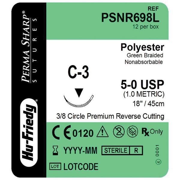 Perma Sharp Suture 5-0 18" Polyester Monofilament C-3 Green 12/Bx
