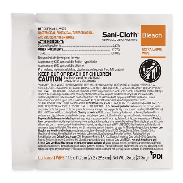 Sani-Cloth Bleach Germicidal Wipes X-Large Individual Packets 40/Bx