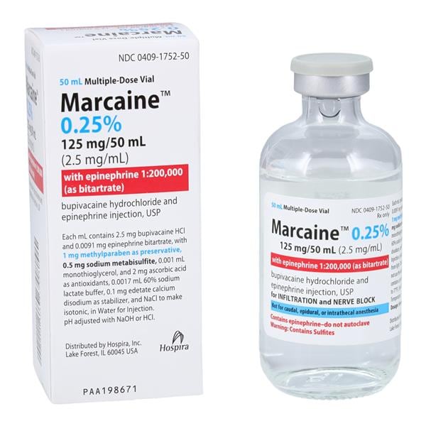 Marcaine w/Epinephrine Injection 0.25% 1:200,000 MDV 50mL/Vl