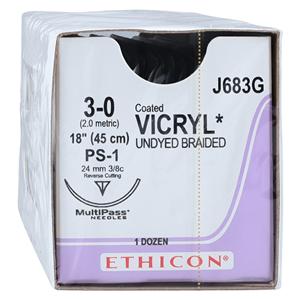 Vicryl Suture 3-0 18" Polyglactin 910 Braid PS-1 Undyed 12/Bx