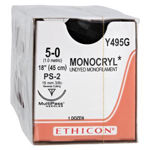 Monocryl Suture 5-0 18" Poliglecaprone 25 Monofilament PS-2 Undyed 12/Bx
