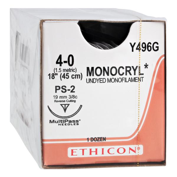 Monocryl Suture 4-0 18" Poliglecaprone 25 Monofilament PS-2 Undyed 12/Bx
