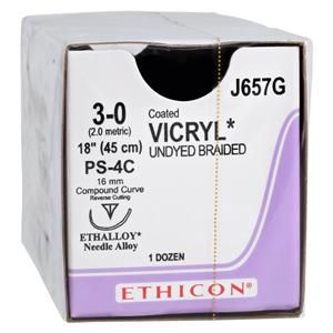 Vicryl Suture 3-0 18" Polyglactin 910 Braid PS-4C Undyed 12/Bx