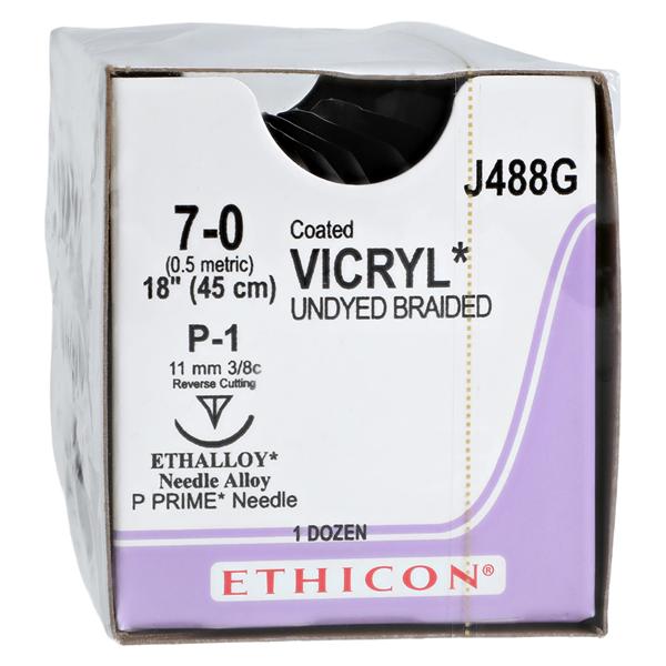 Vicryl Suture 7-0 18" Polyglactin 910 Braid P-1 Undyed 12/Bx