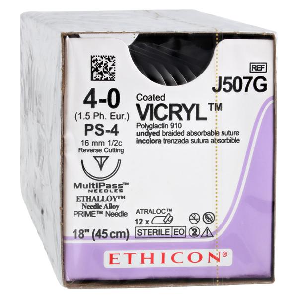 Vicryl Suture 4-0 18" Polyglactin 910 Braid PS-4 Undyed 12/Bx