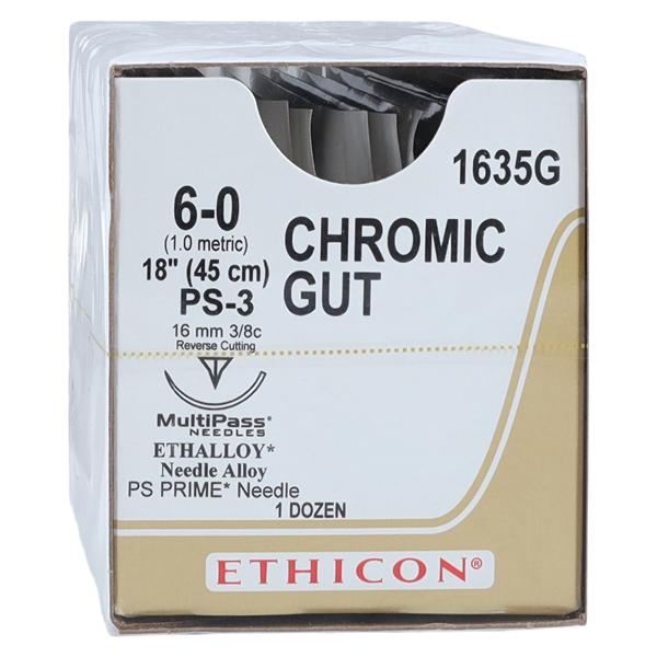 Ethicon Suture 6-0 18" Chromic Gut Monofilament PS-3 Brown 12/Bx