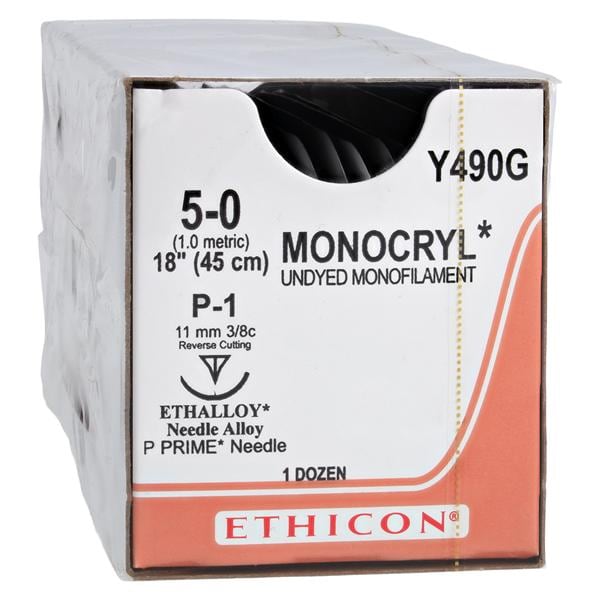 Monocryl Suture 5-0 18" Poliglecaprone 25 Monofilament P-1 Undyed 12/Bx