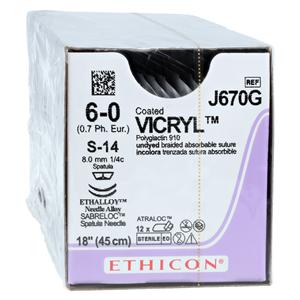 Vicryl Suture 6-0 18" Polyglactin 910 Braid S-14/S-14 Undyed 12/Bx