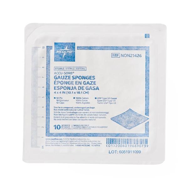 Cotton Gauze Sponge 4x4" 12 Ply Sterile Not Made With Natural Rubber Latex, 128 PK/CA