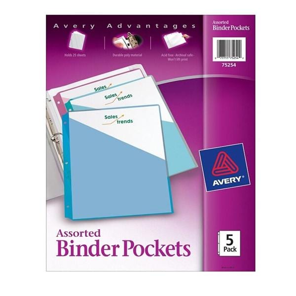 Avery Binder Pockets 8 1/2 in x 11 in Assorted 5/Pack 5/Pk