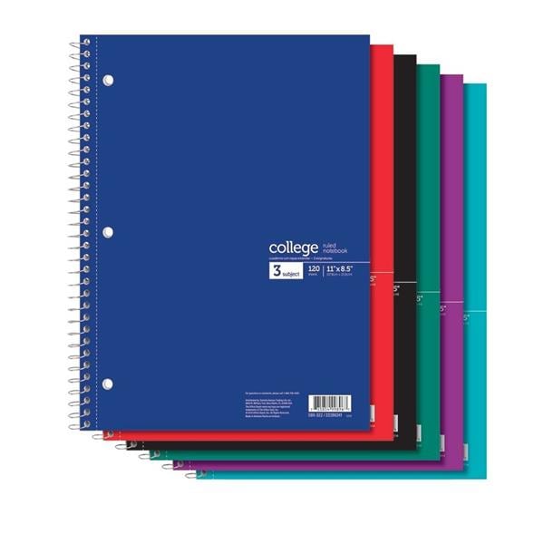 Wirebound Notebook 3 Subjects College Ruled 120 Sheets Assorted Ea