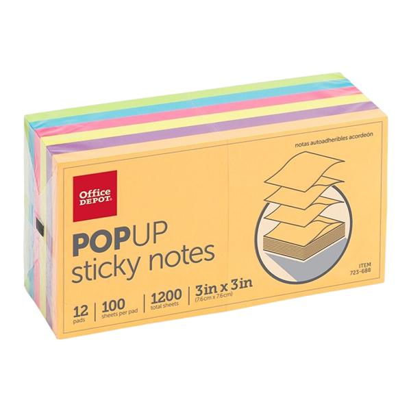 Pop-Up Notes 3 in x 3 in Assorted 100 Sheets/Pad 12/Pack 12/Pk