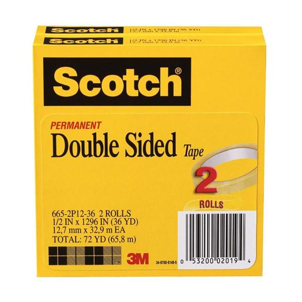 Scotch 665 Permanent Double-Sided Tape 1/2 in x 1296 in 2/Pack 2/Pk