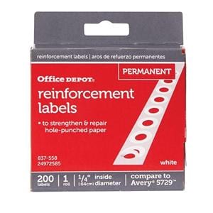 Permanent Self-Adhesive Reinforcement Label 1/4 in Dia White 200/Bx