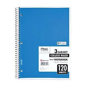 Mead 3 Wirebound College Rule Notebook Spiral 8.5 x 11" White Paper Ea