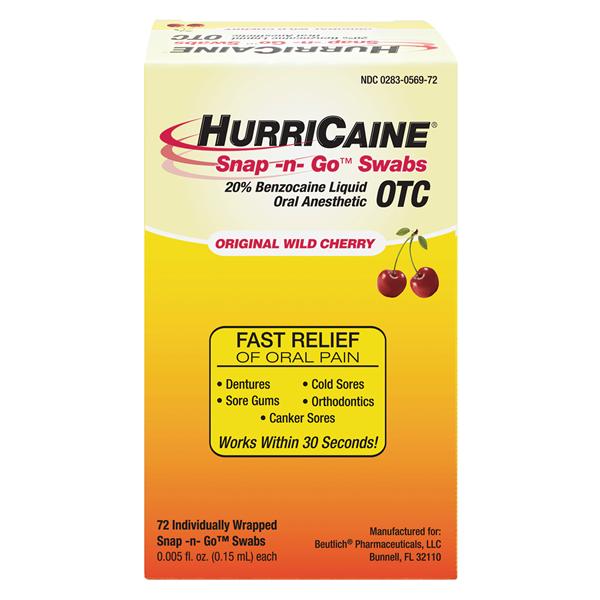 HurriCaine Snap-n-Go Topical Anesthetic Unit-Dose Swabs Wild Cherry 72/Bx