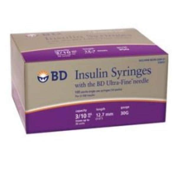 Ultra-Fine Insulin Syringe/Needle 30gx1/2" 3/10cc Tan Conventional LDS 100/Bx, 5 BX/CA