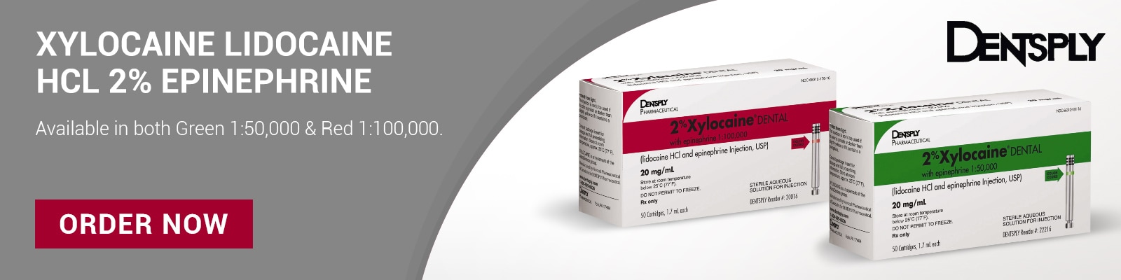Dentsply Pharmaceutical Xylocaine Lidocaine HCl 2% Epinephrine Green 1:50,000 and Red 1:100,000